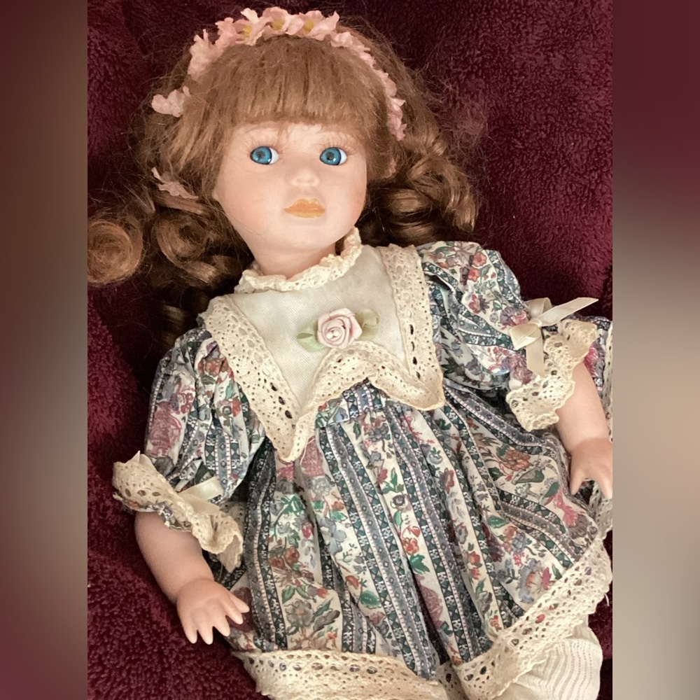 BRINNS Porcelain Doll in Prairie Dress Seated
 EPLVC